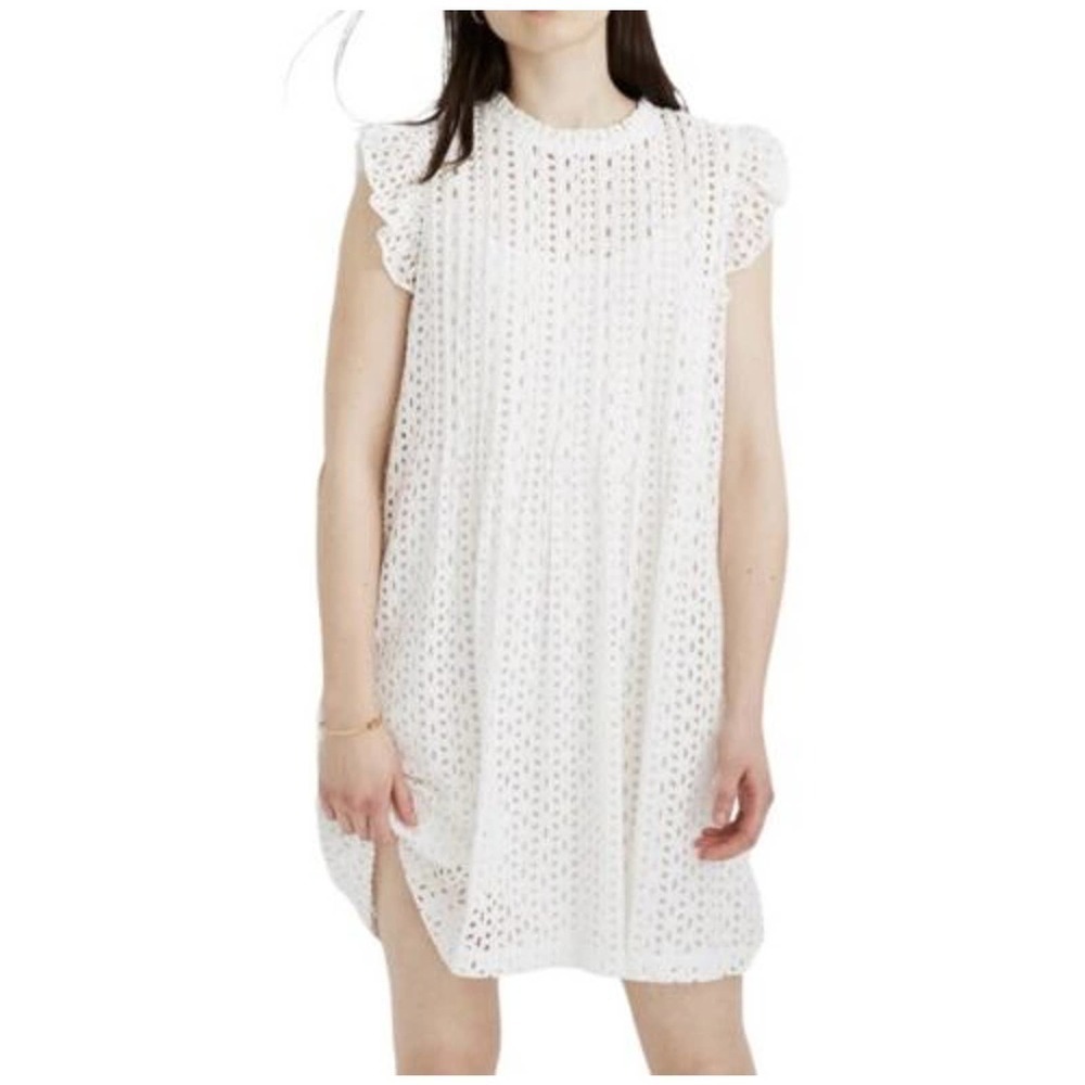 Madewell NWT Eyelet Ruffle Sleeve Pintuck Sheath Mini Dress White Sz Small AN137